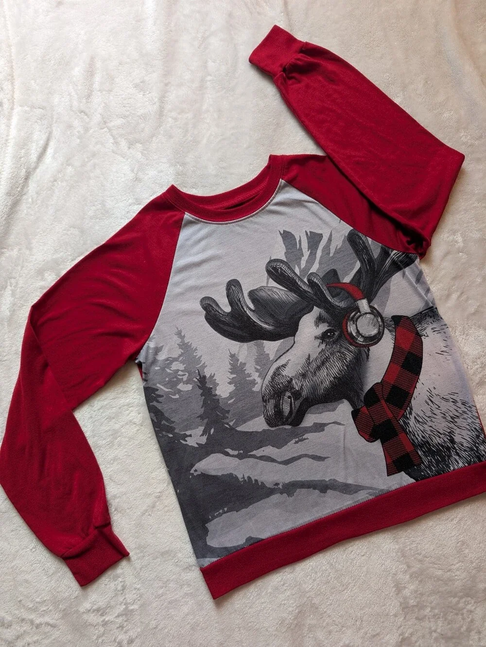 Boys XL 14/16 Moose Winter Pajama Top Red Gray Long Sleeve Good Condition